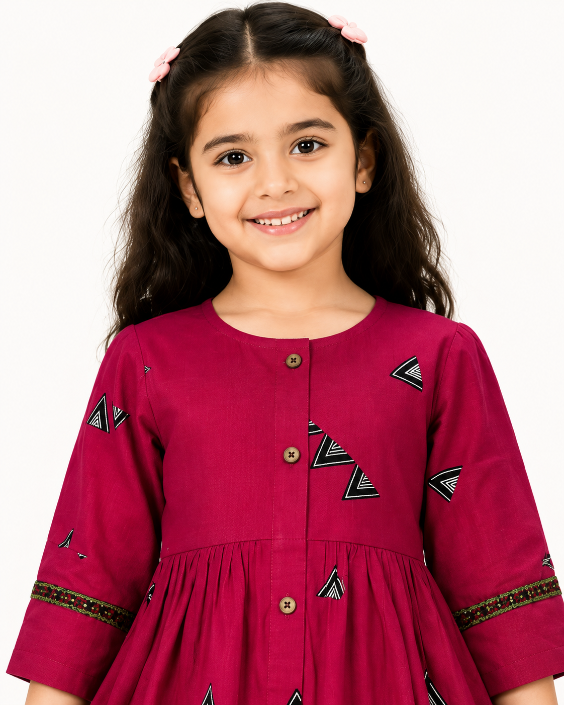 Girls Magenta Printed Frock Dress | Button Front Party Wear | TinySoul
