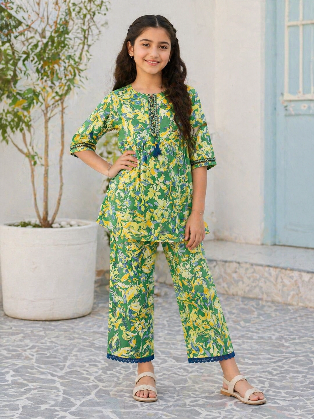 Green Floral Printed Kids Co-Ord Set
