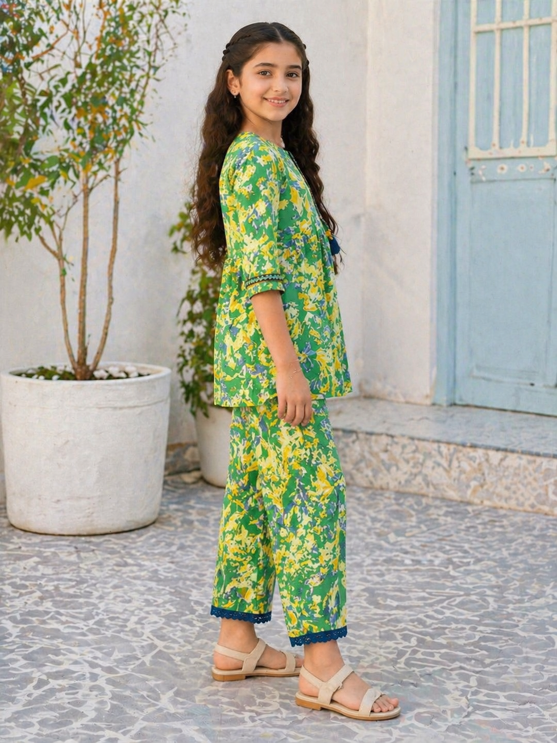 Green Floral Printed Kids Co-Ord Set
