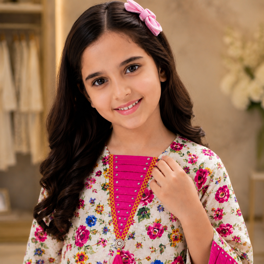 Blooming Garden Girls' Lawn Co-ord Set – Floral Print with Fuchsia Embellished Neckline