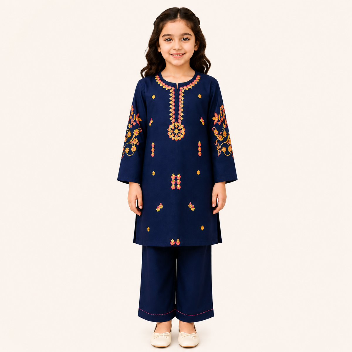 TinySoul Navy Blue Embroidered Girls 2 Piece Suit | Premium Kids Wear Pakistan