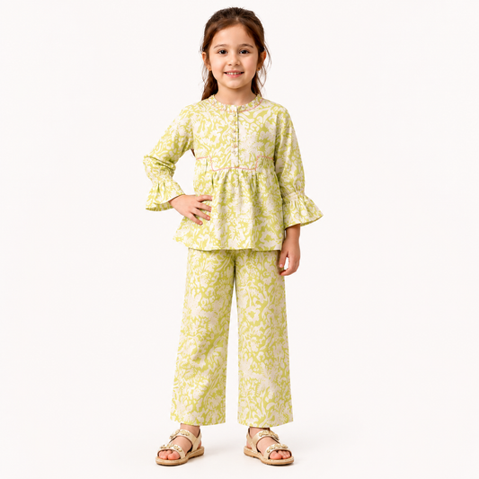 TinySoul Lime Green Printed Girls 2 Piece Suit | Premium Kids Wear Pakistan