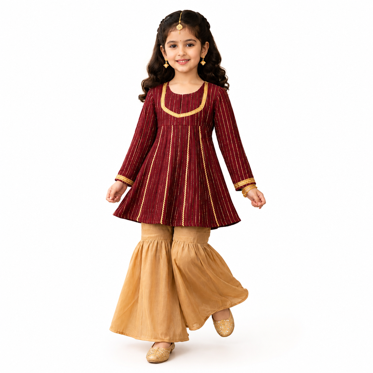 Girls Maroon Kurti with Golden Sharara Set for Kids | Tiny Soul Pakistan