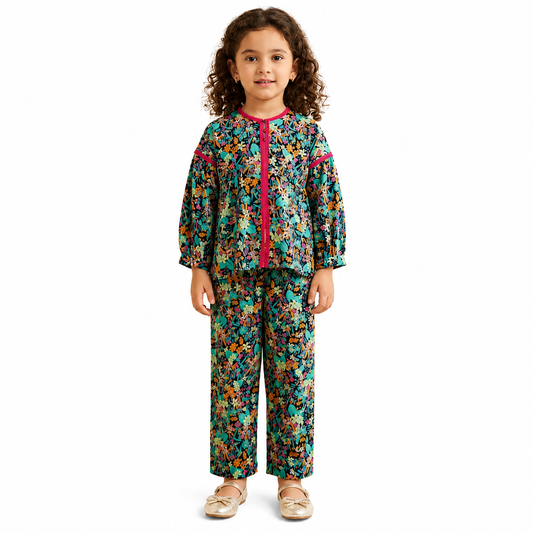 Girls Black Floral Printed Co-Ord Set for Kids by Tiny Soul Pakistan