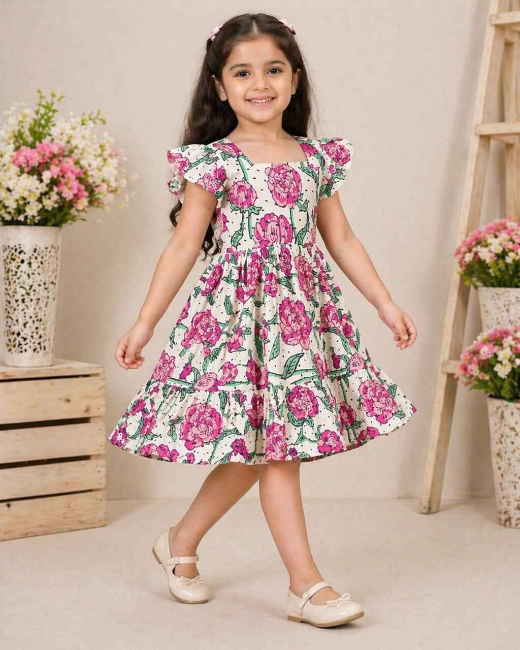 Floral Print Girls Dress – Ruffle Sleeve Fit & Flare Frock