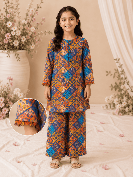 Girls blue orange diamond print kurti with palazzo pants and crochet cuff detail