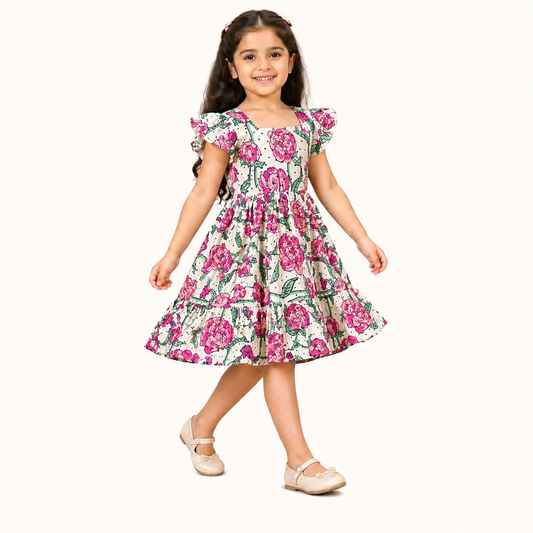 Girls floral print frock dress with pink flowers and ruffle sleeves