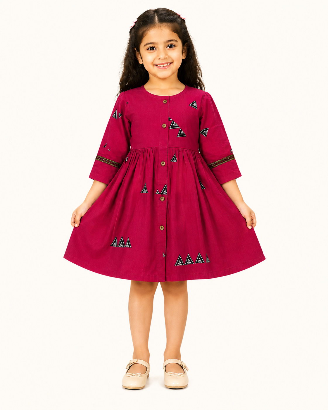 Girls magenta printed frock dress with button front and flared design