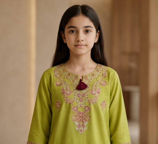 Girls olive green kurti with pink and gold paisley embroidery and maroon tassel neckline
