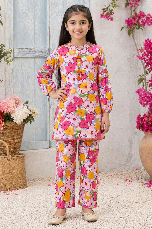 Girls pink floral watercolor print kurti with tassel button neckline and matching pants