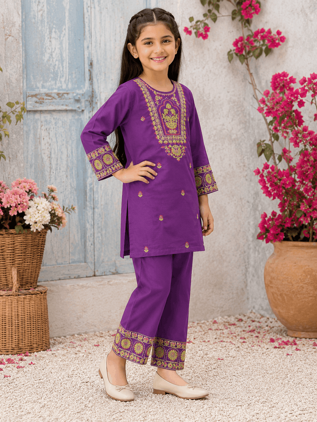 Girls Vibrant Embroidered Matching Suit Set.