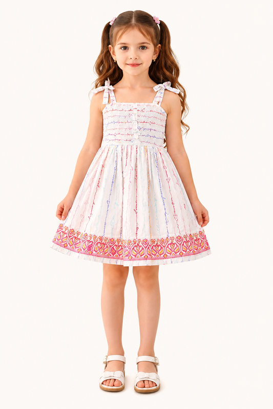 Girls white printed frock dress with pastel design and bow straps