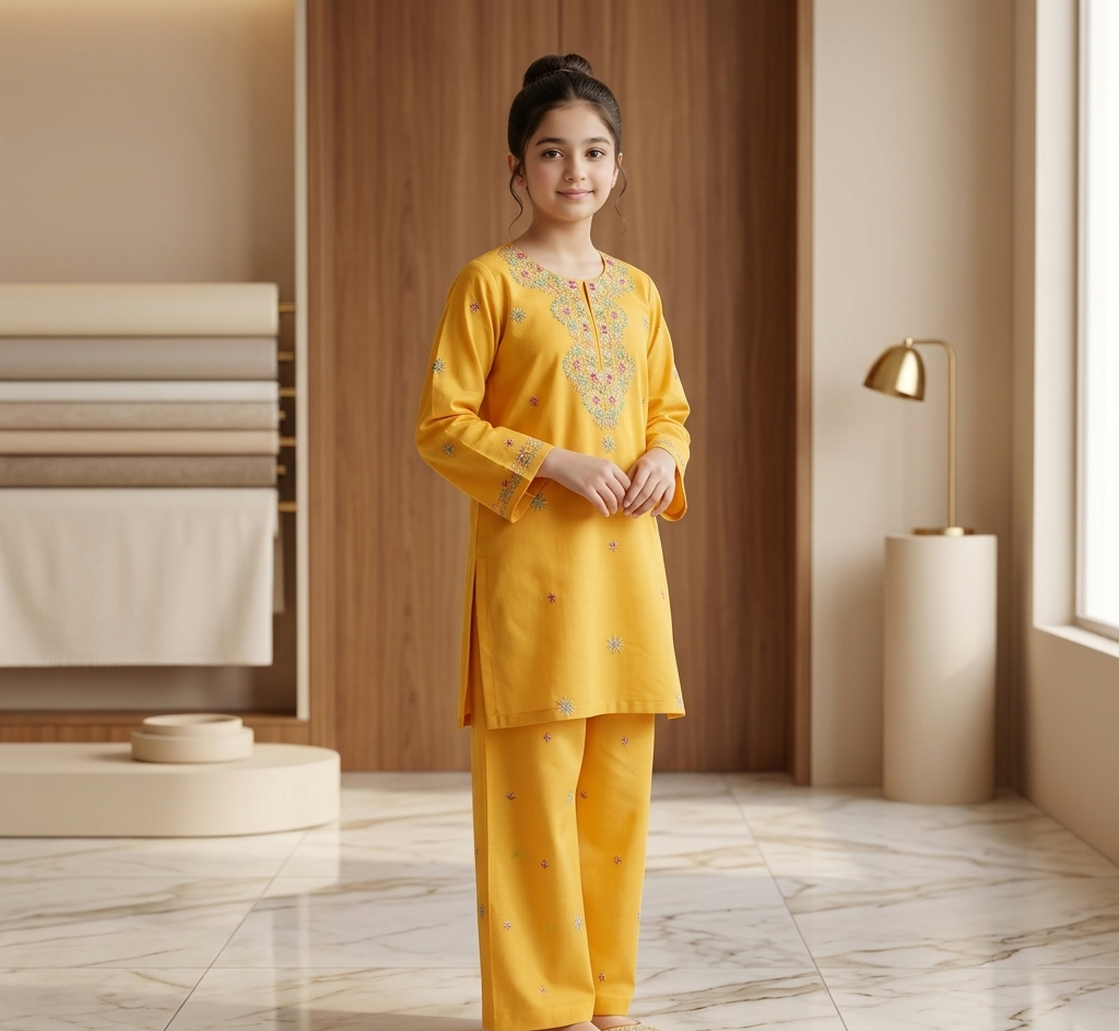 Girls yellow kurti with floral embroidered neckline and matching trouser - kids ethnic wear