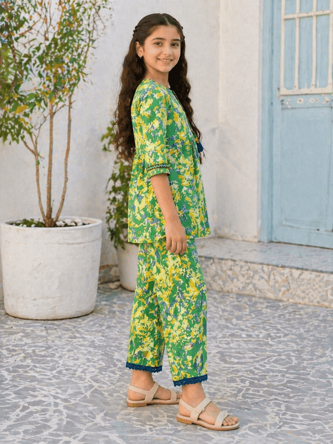 Green Floral Printed Kids Co-Ord Set