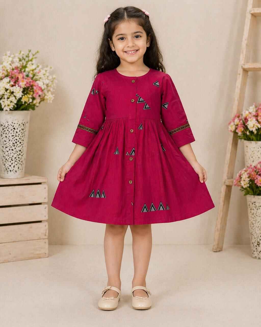 Printed Button-Down Girls Dress – Frock