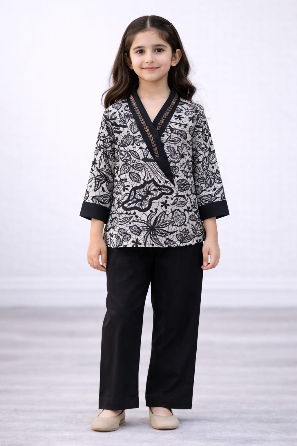 Stylish Black & White Printed Cotton Kids Two-Piece Outfit