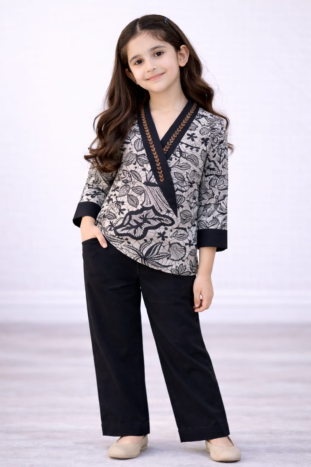 Stylish Black & White Printed Cotton Kids Two-Piece Outfit