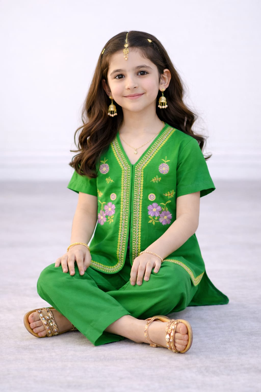 Elegant Green Embroidered Kids Cotton Two-Piece Outfit Article # Ts707