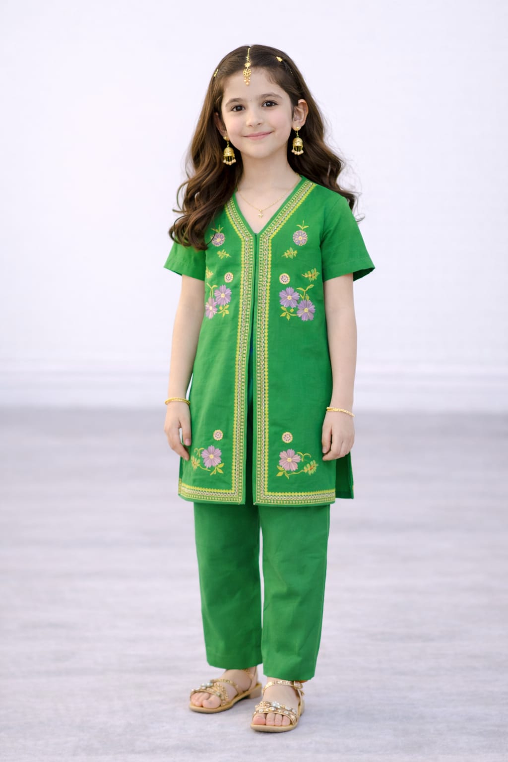 Elegant Green Embroidered Kids Cotton Two-Piece Outfit Article # Ts707