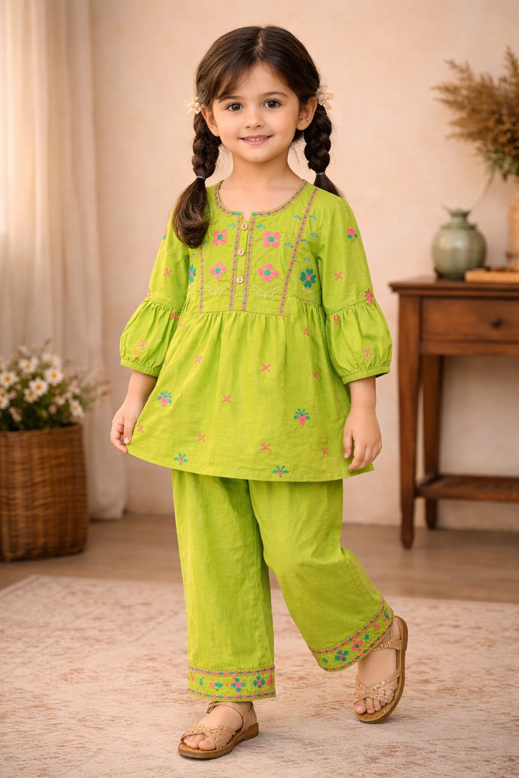Cute Lime Green Embroidered Kids Soft Cotton Two-Piece Outfit (Article No Ts703 )