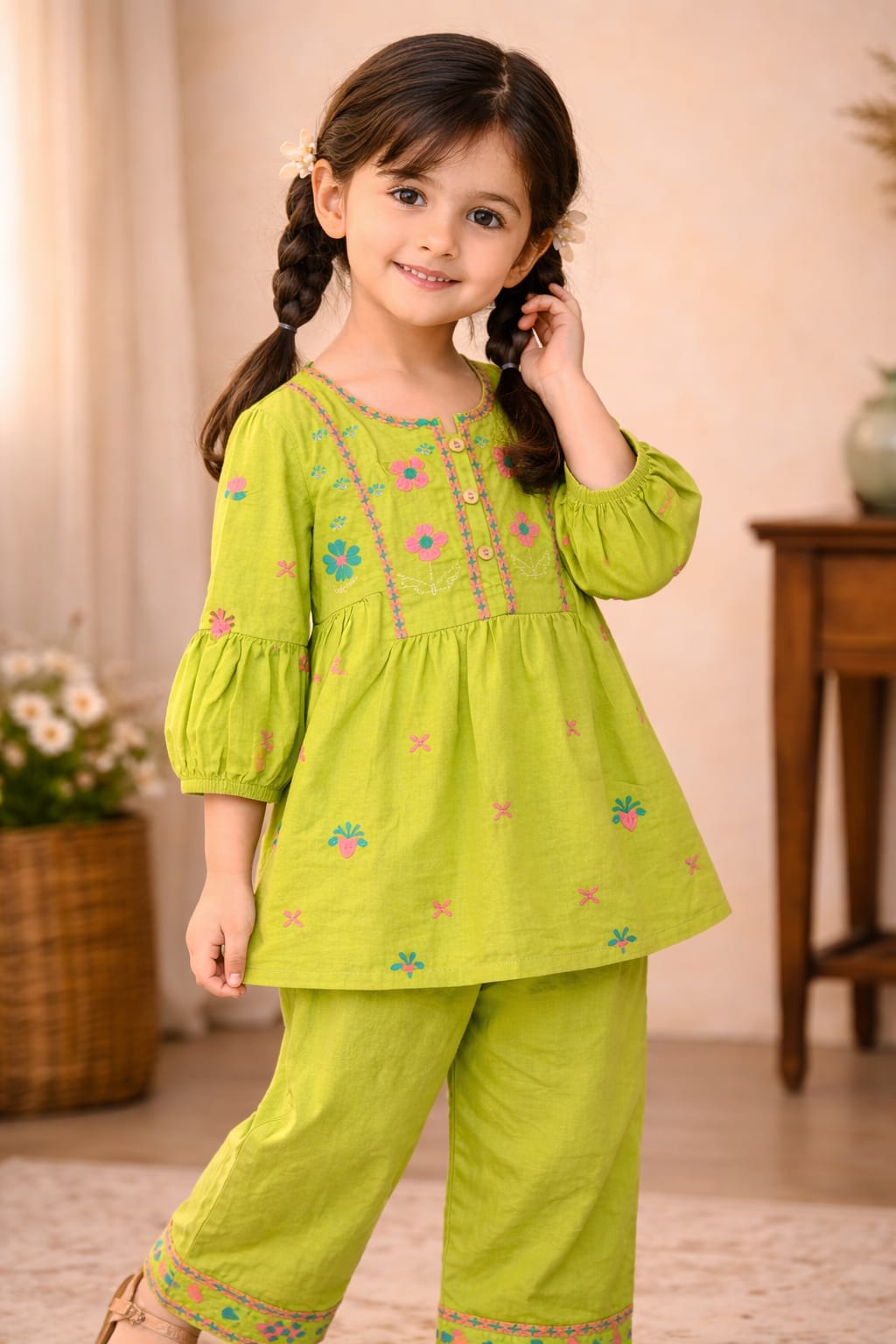 Cute Lime Green Embroidered Kids Soft Cotton Two-Piece Outfit (Article No Ts703 )