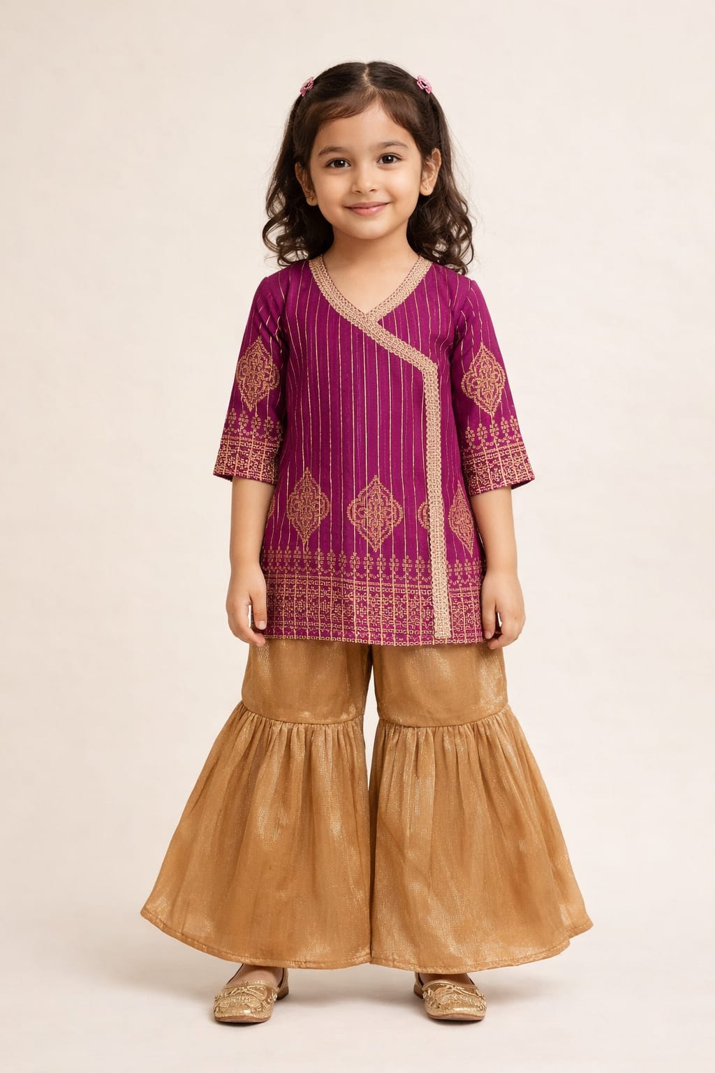 Elegant Purple & Gold Kids Banarasi Two-Piece Festive Outfit