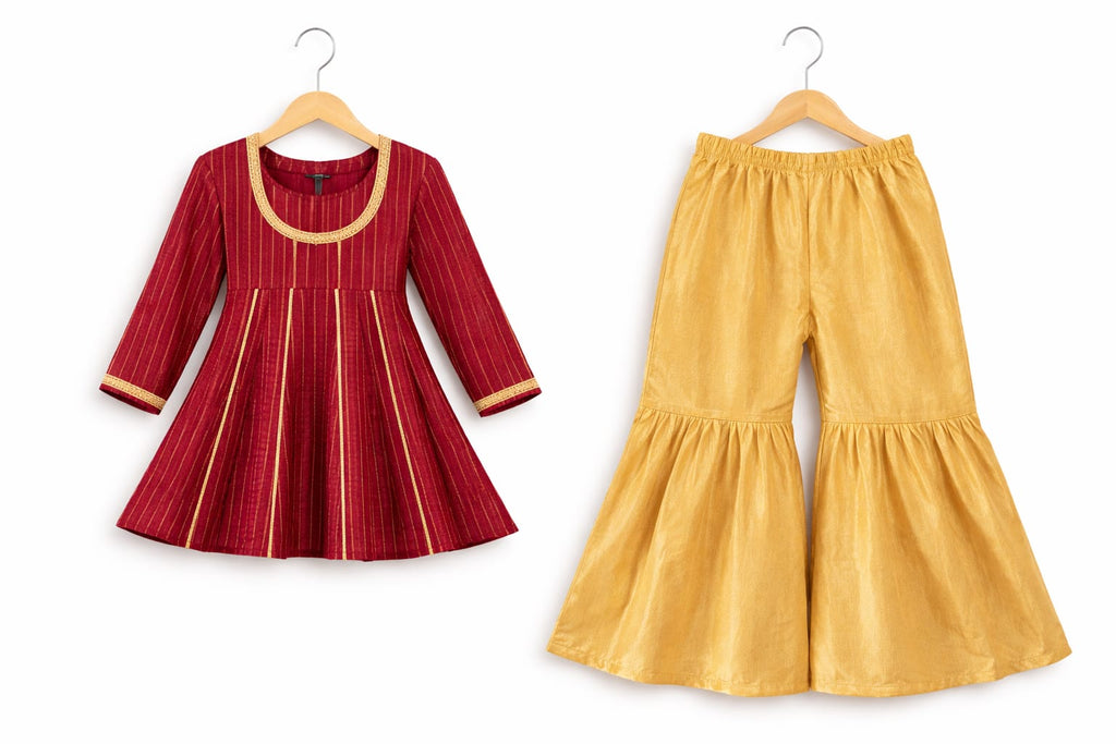Elegant Maroon & Gold Girls Ethnic Kurta Set with Gharara Pants