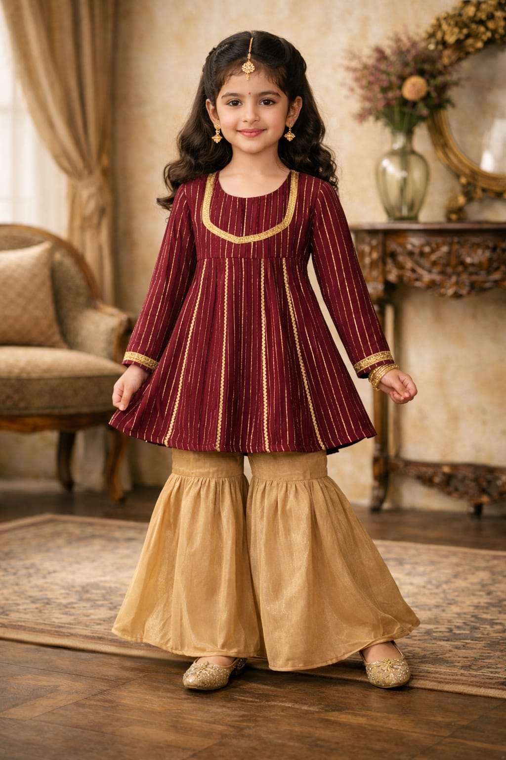 Elegant Maroon & Gold Girls Ethnic Kurta Set with Gharara Pants