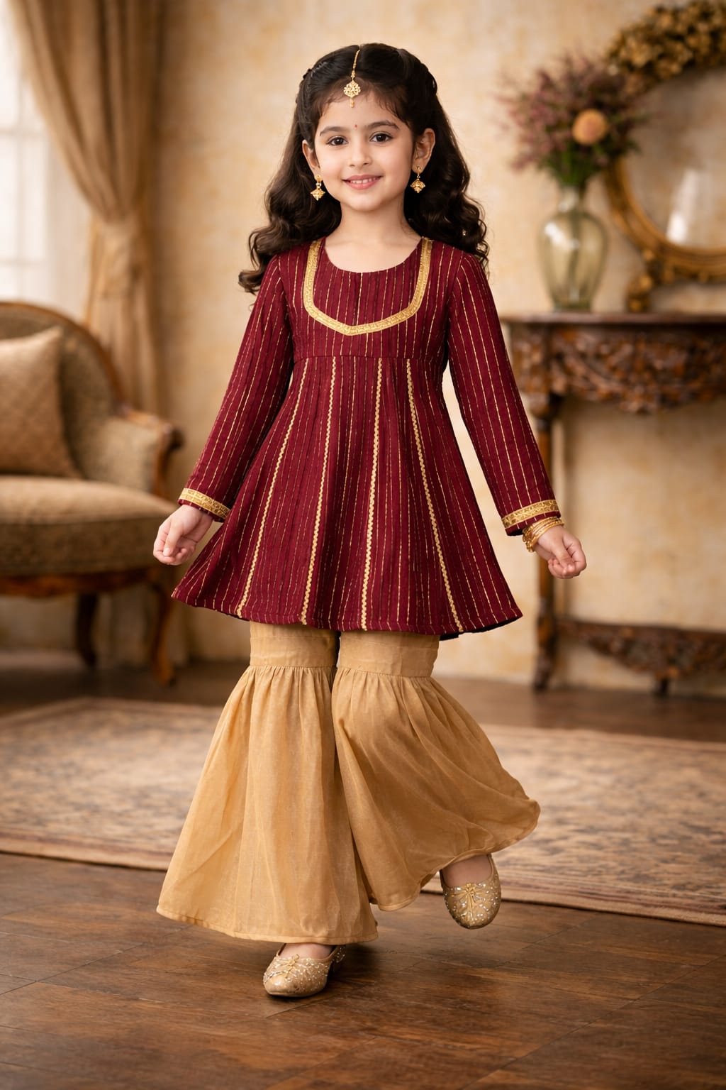 Elegant Maroon & Gold Girls Ethnic Kurta Set with Gharara Pants