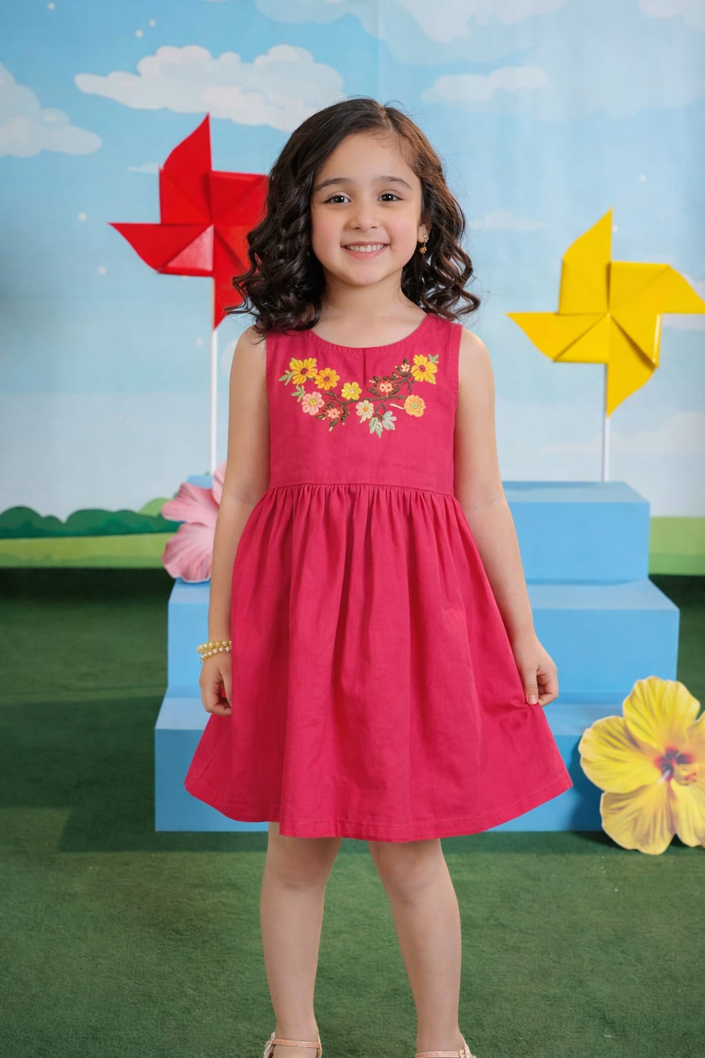 Elegant Floral Embroidered Kids Sleeveless Dress