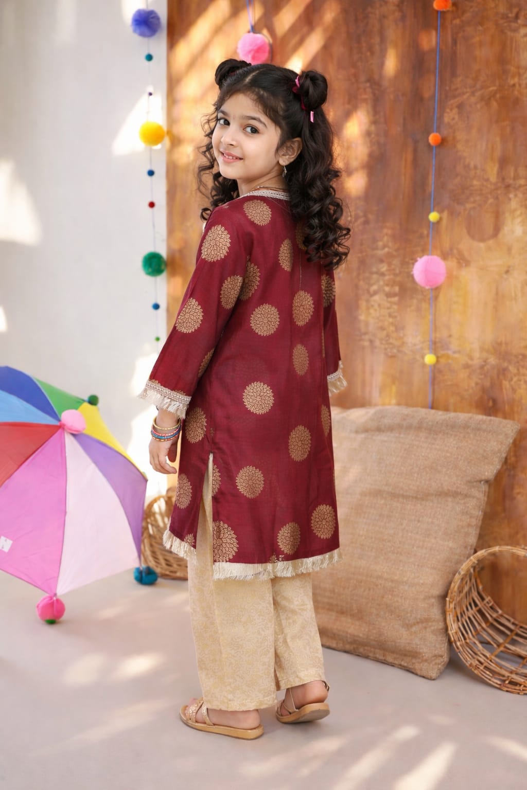 Girls Traditional Banarsi Kurta Trouser Set