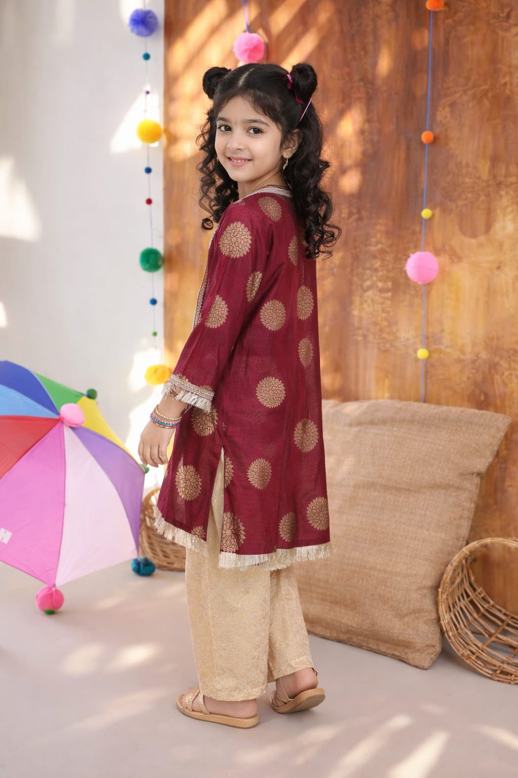 Girls Traditional Banarsi Kurta Trouser Set