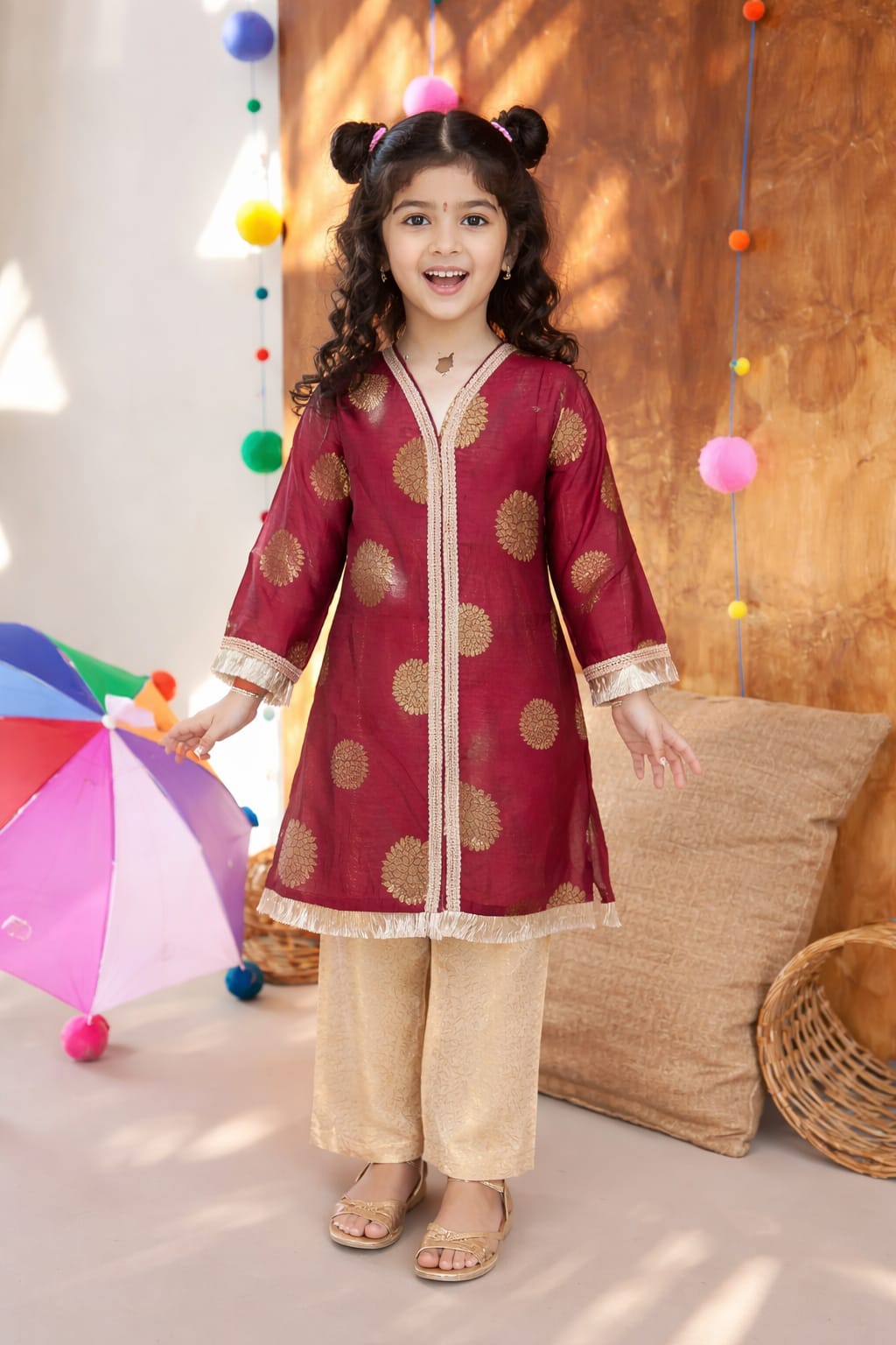 Girls Traditional Banarsi Kurta Trouser Set