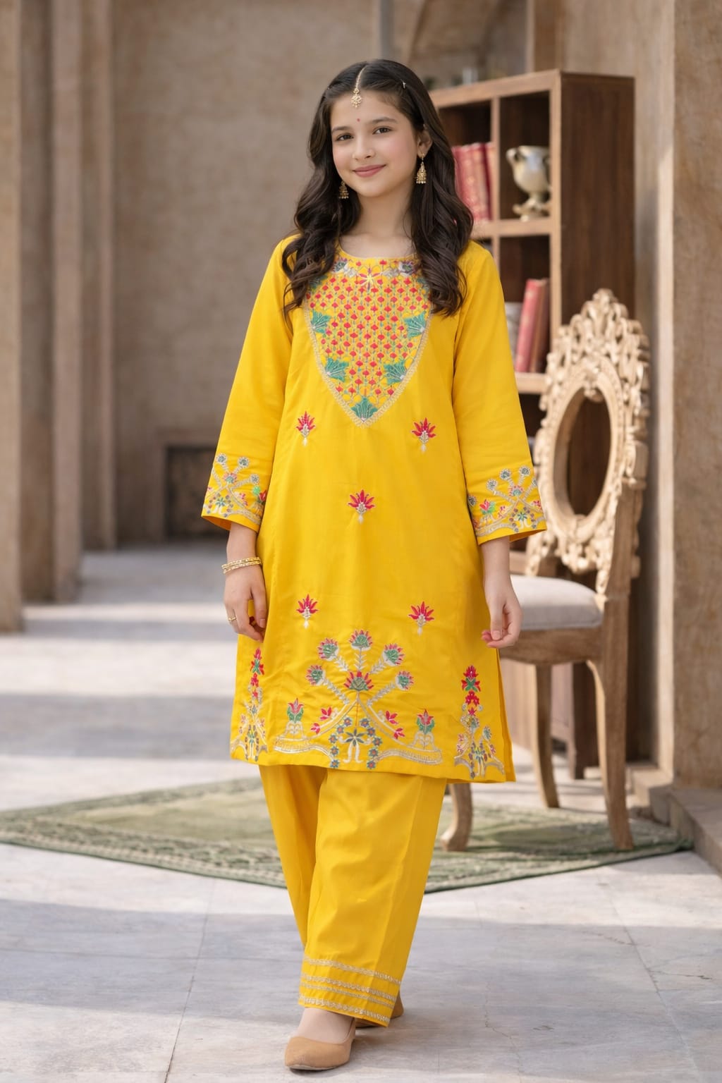Girls Embroidered Soft Cotton Kurta Trouser Set