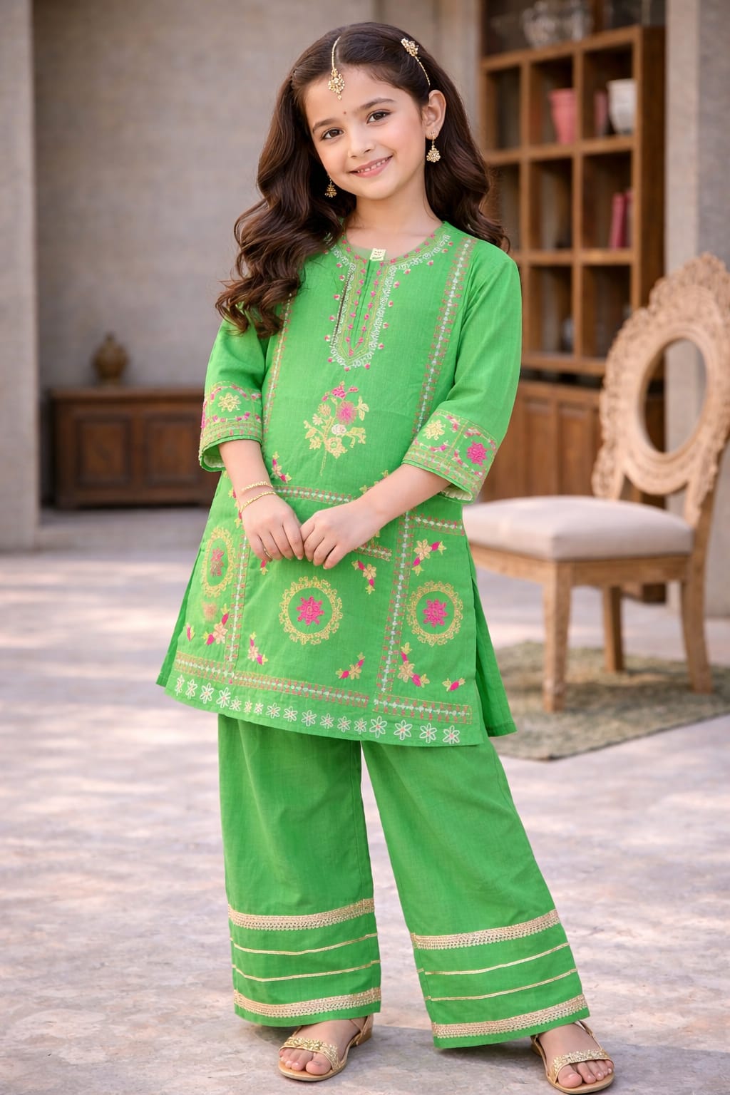 Girls Embroidered Soft Cotton Kurta Pant Set