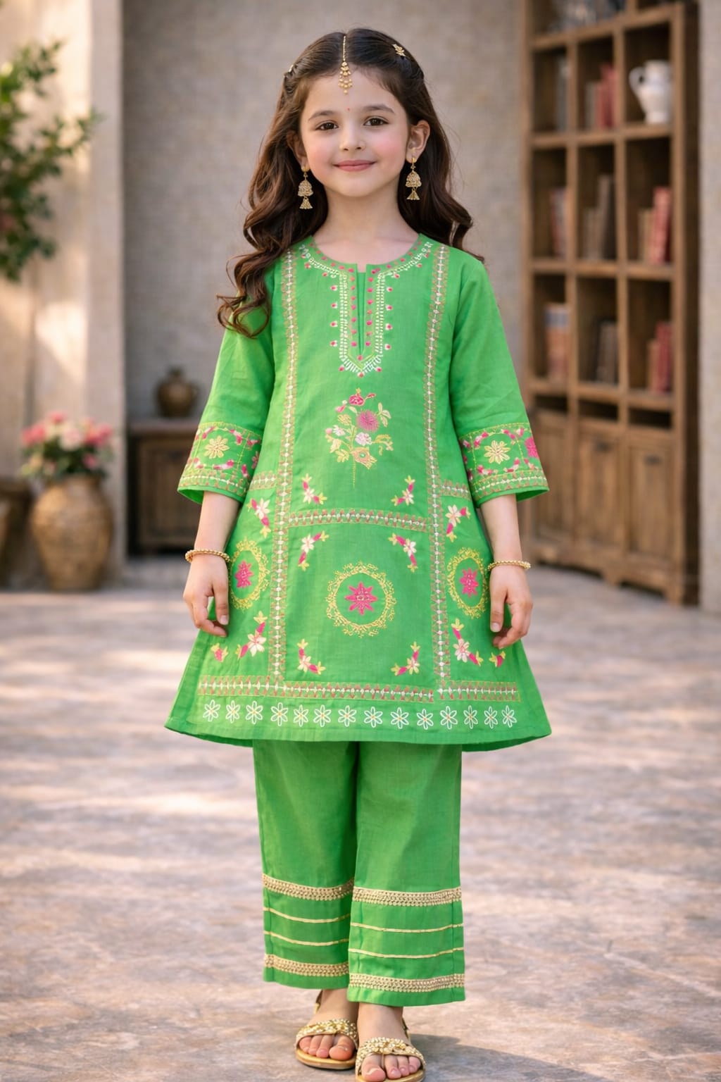 Girls Embroidered Soft Cotton Kurta Pant Set