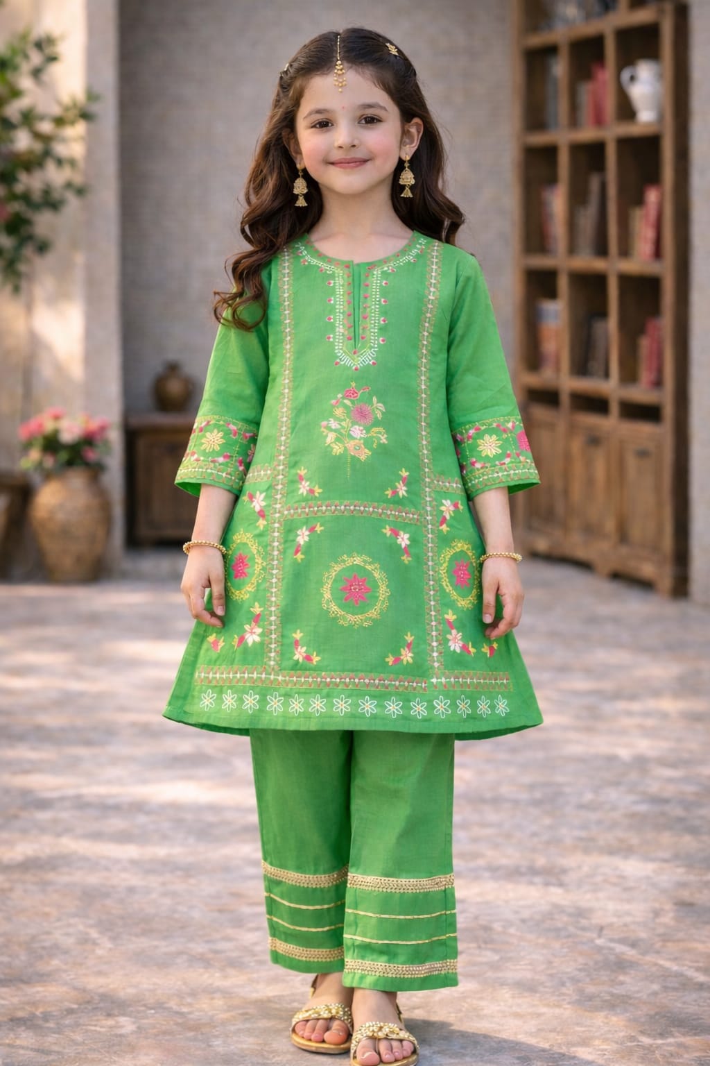 Girls Embroidered Soft Cotton Kurta Pant Set