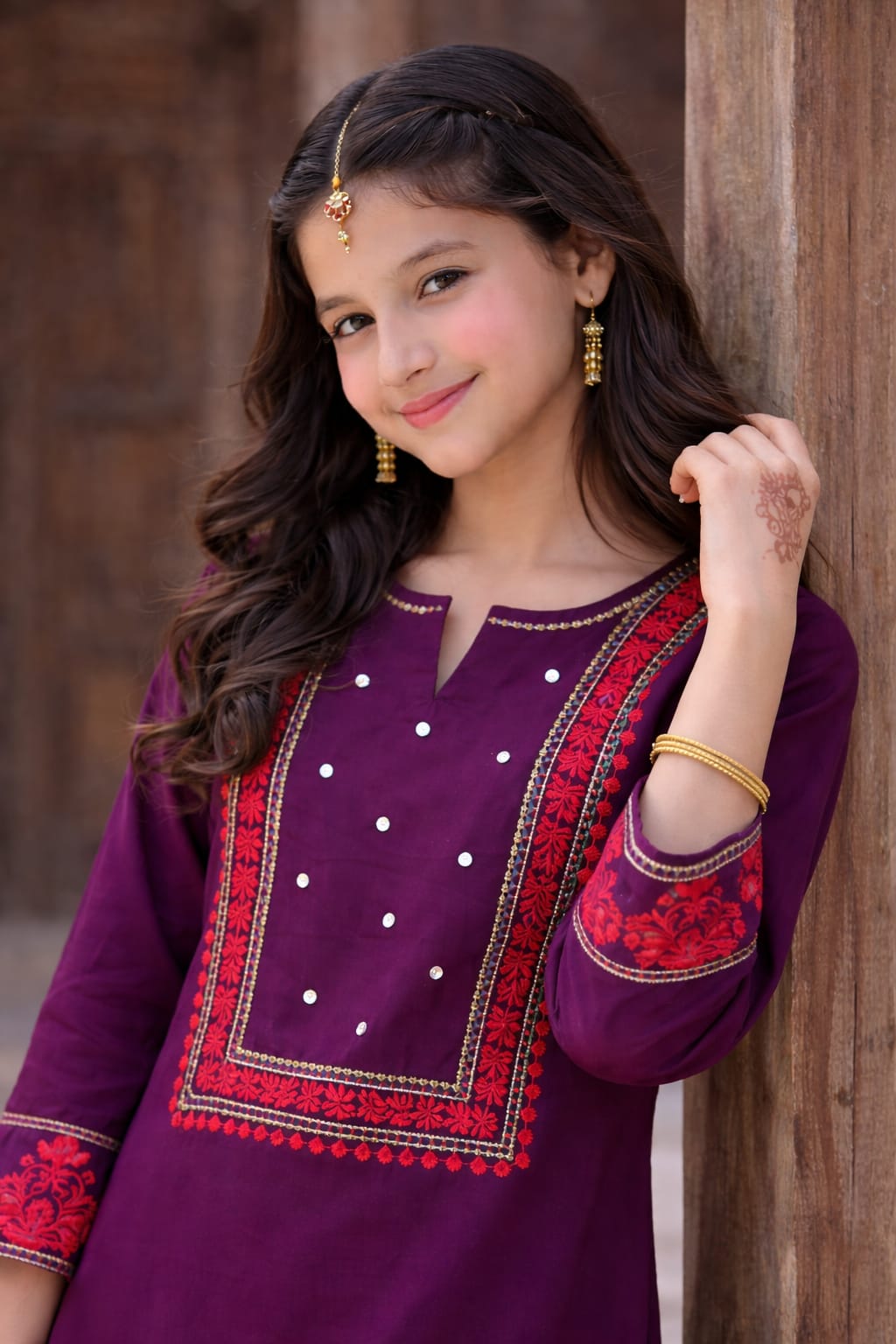 Elegant Purple Embroidered Girls Kurta Set – Soft Cotton Fabric