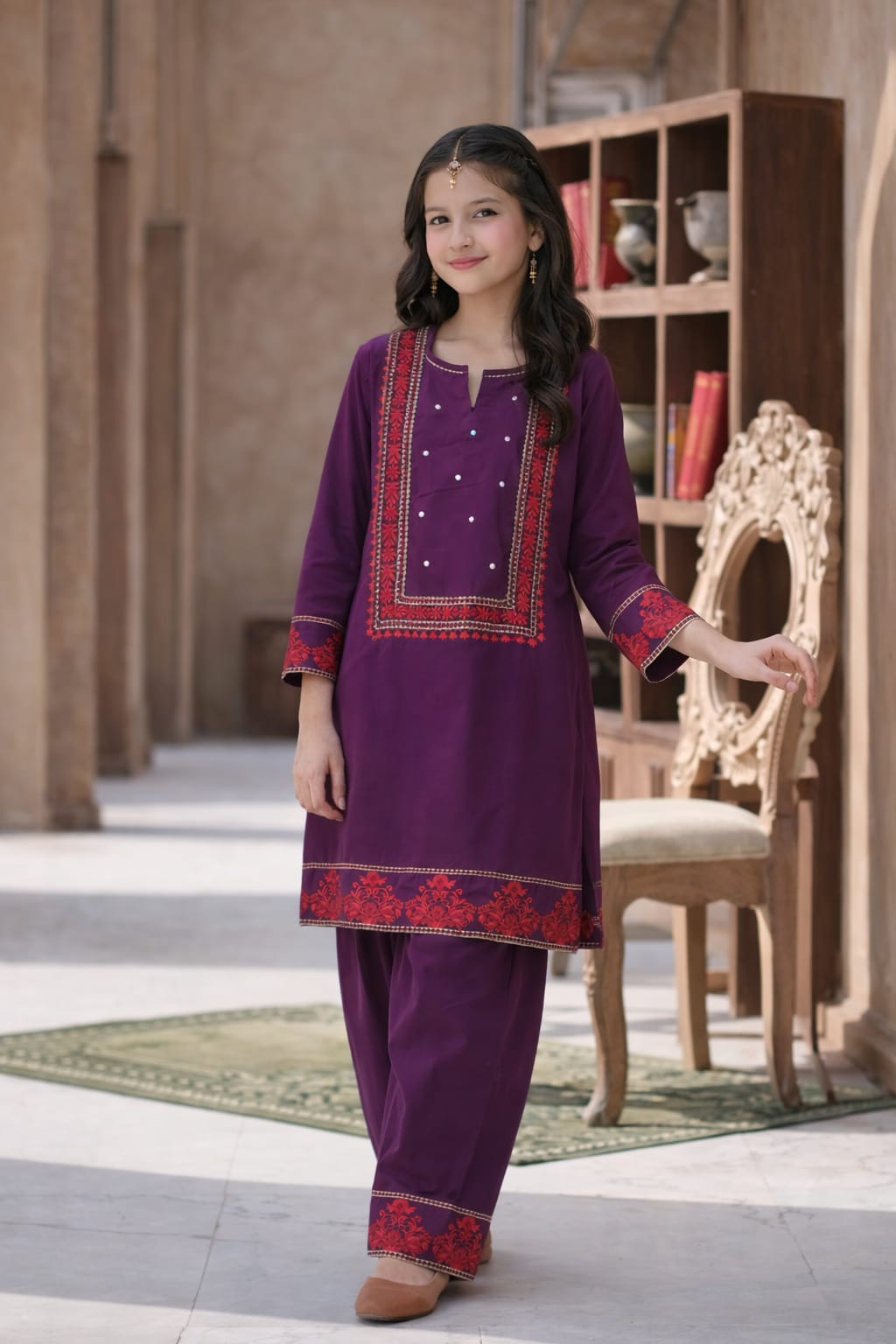 Elegant Purple Embroidered Girls Kurta Set – Soft Cotton Fabric