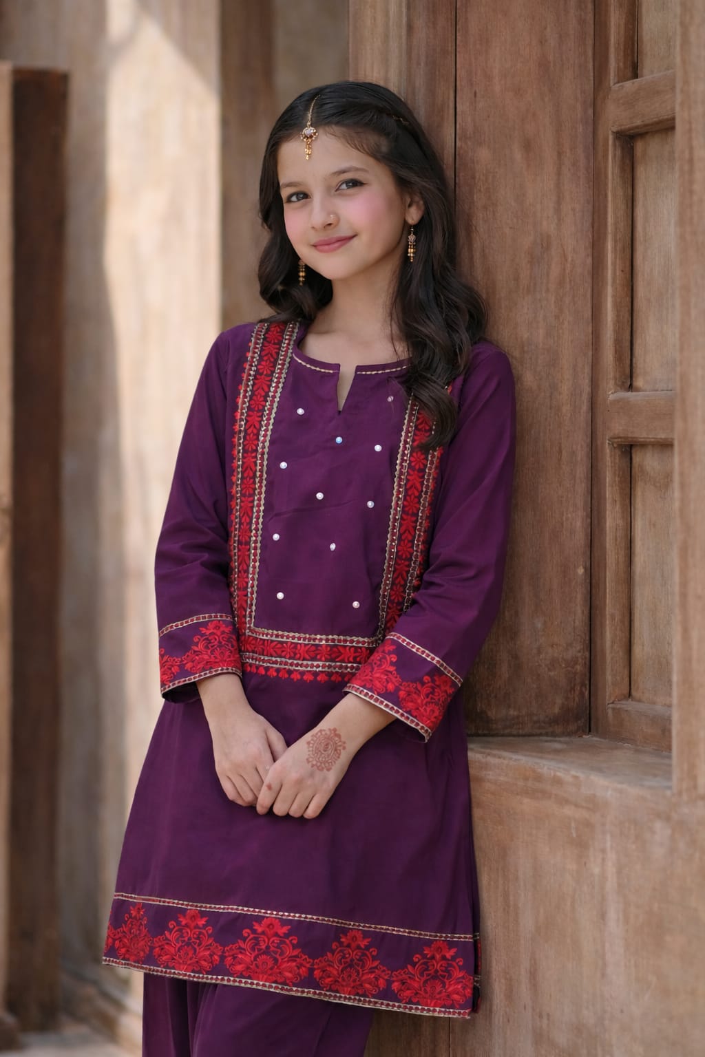 Elegant Purple Embroidered Girls Kurta Set – Soft Cotton Fabric