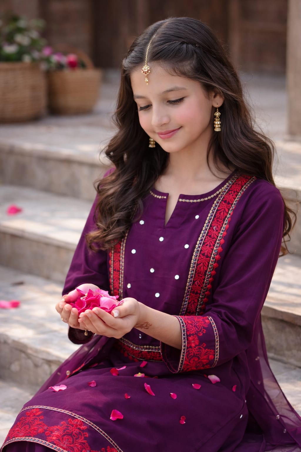 Elegant Purple Embroidered Girls Kurta Set – Soft Cotton Fabric