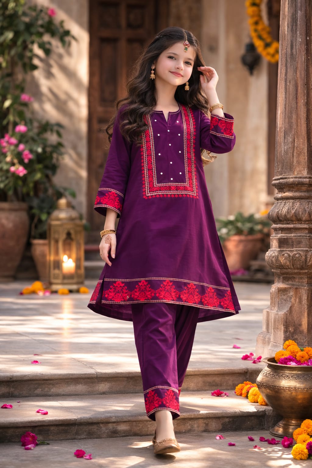 Elegant Purple Embroidered Girls Kurta Set – Soft Cotton Fabric