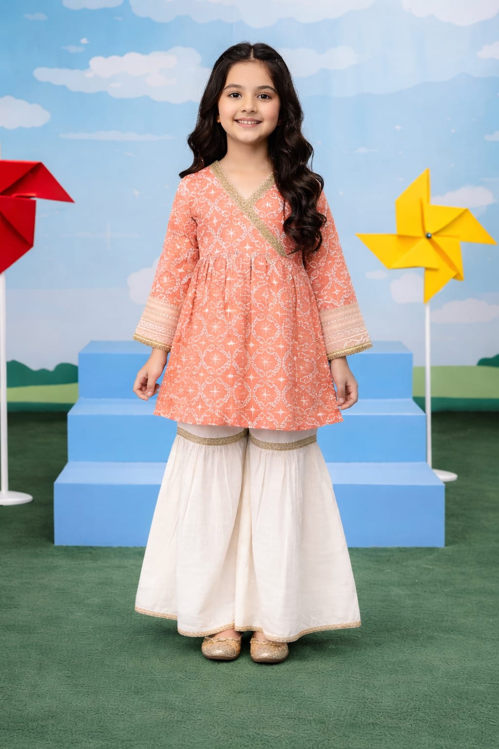 Peach Printed Girls Kurta Set with Sharara – Soft Cotton Fabric
