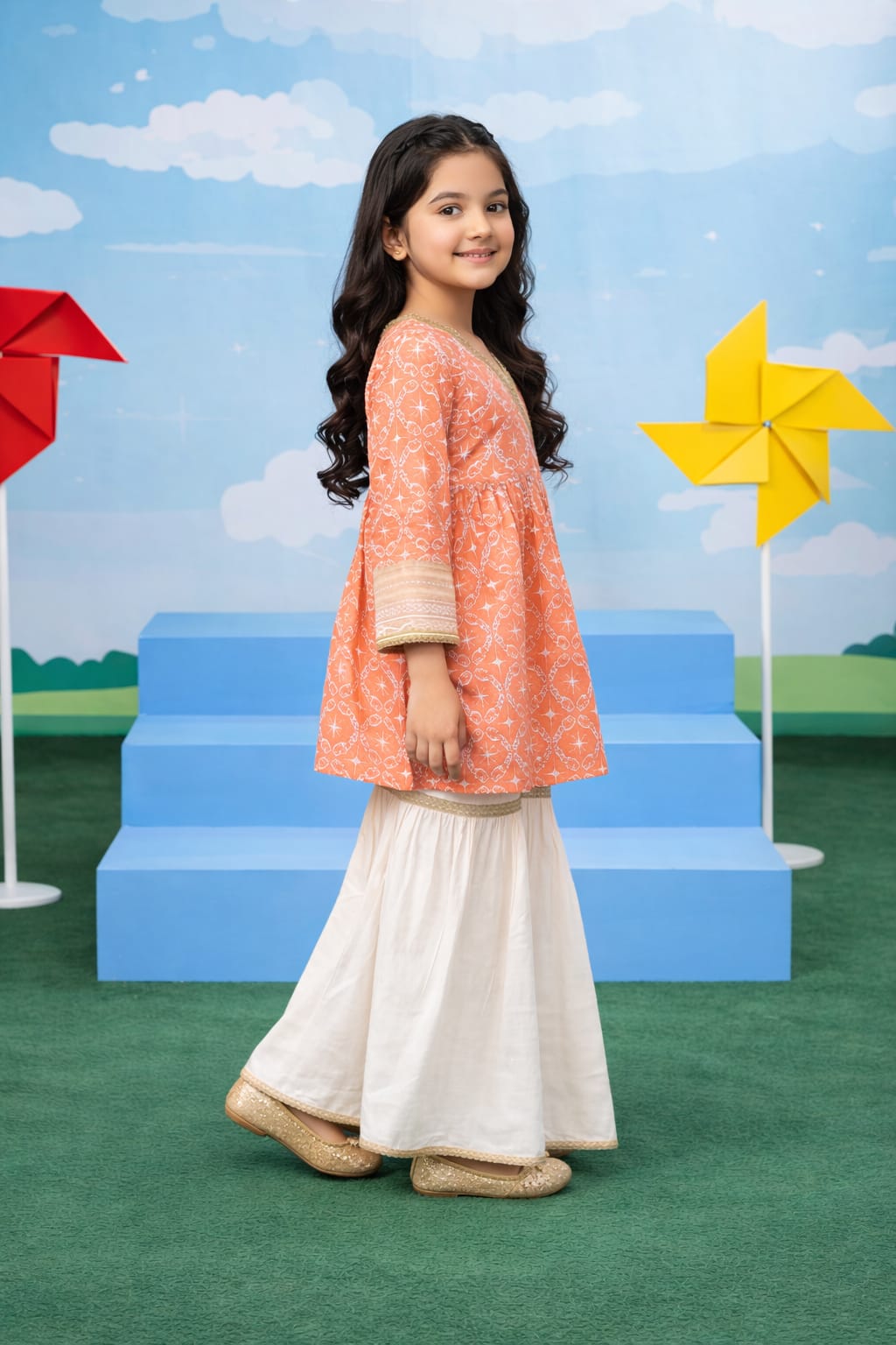 Peach Printed Girls Kurta Set with Sharara – Soft Cotton Fabric