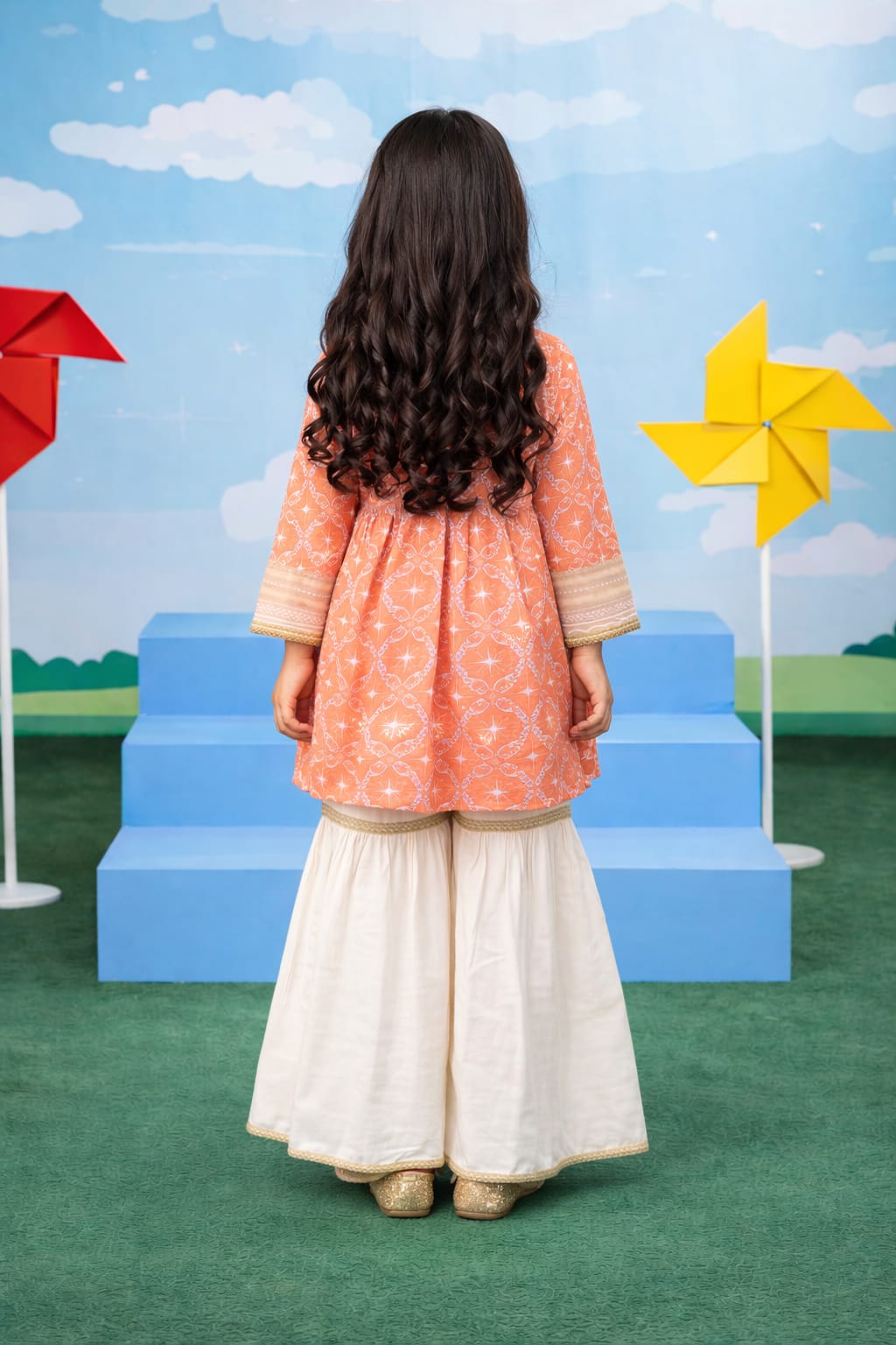 Peach Printed Girls Kurta Set with Sharara – Soft Cotton Fabric