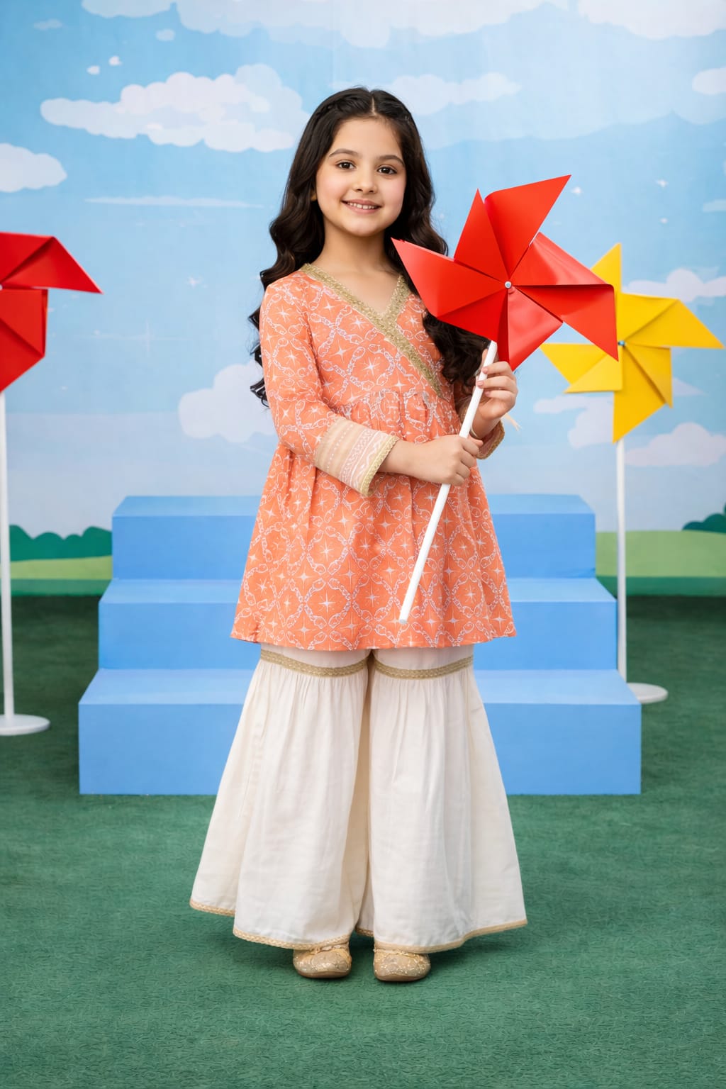 Peach Printed Girls Kurta Set with Sharara – Soft Cotton Fabric