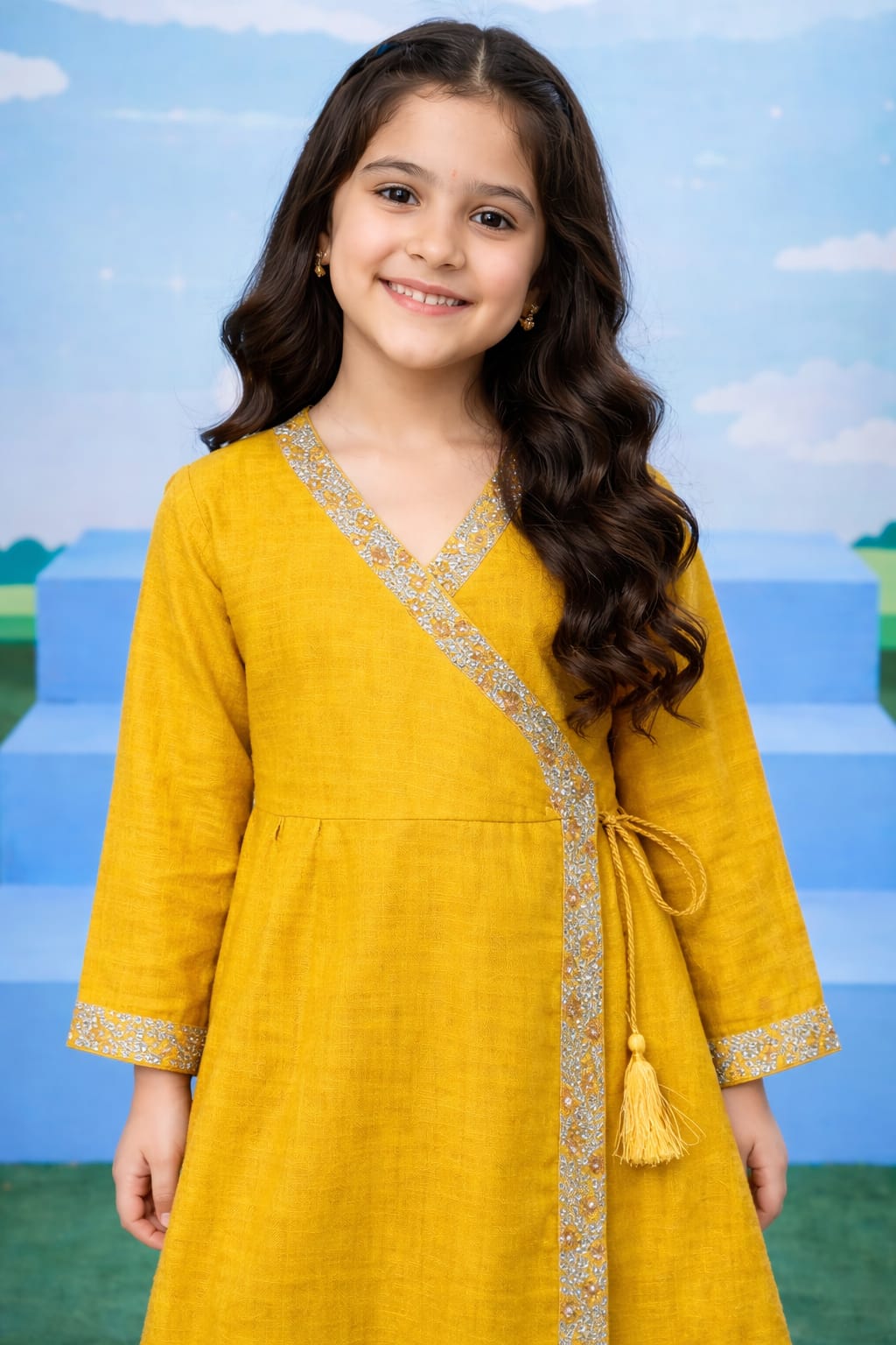 Mustard Wrap Style Girls Kurta Set – Soft Cotton Fabric