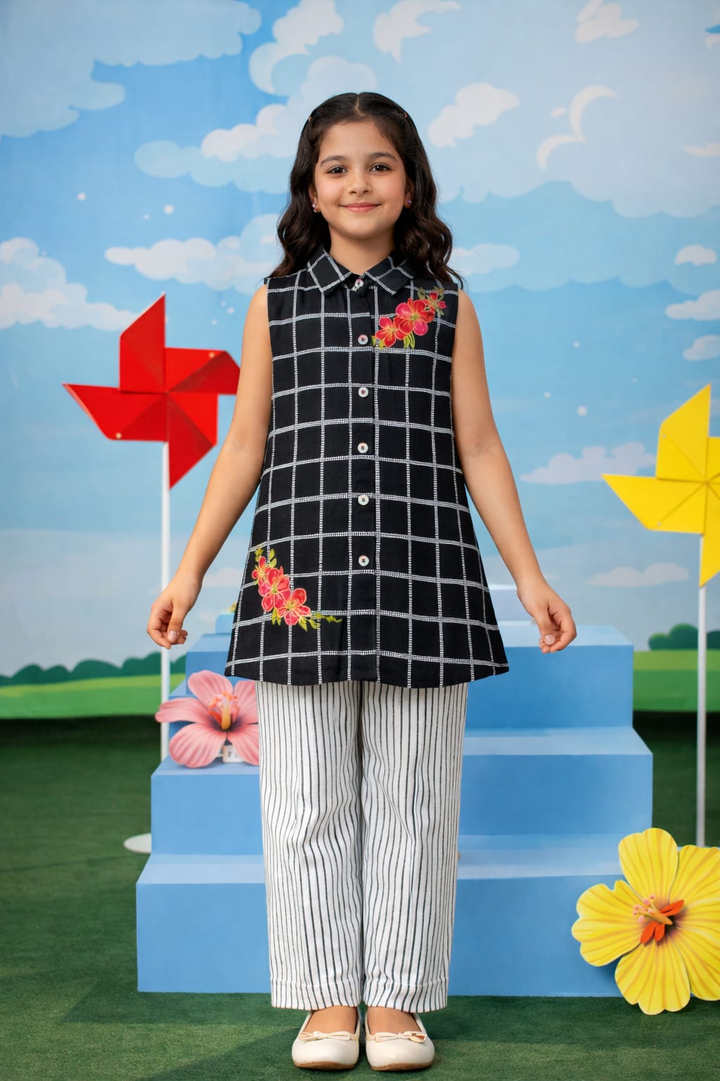 Black Checkered Girls Tunic Set with Striped Pants – Soft Cotton Fabric