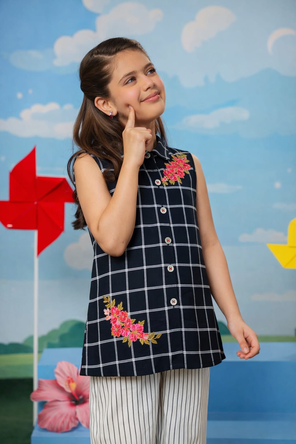 Black Checkered Girls Tunic Set with Striped Pants – Soft Cotton Fabric