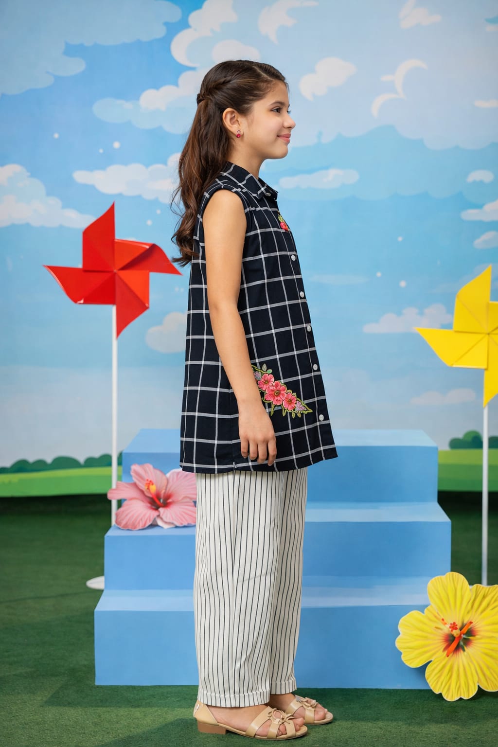 Black Checkered Girls Tunic Set with Striped Pants – Soft Cotton Fabric